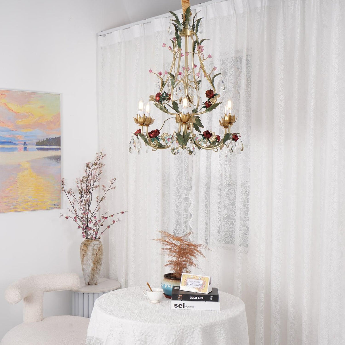 Selarella Chandelier Brass Floral Rose Crystal Candle