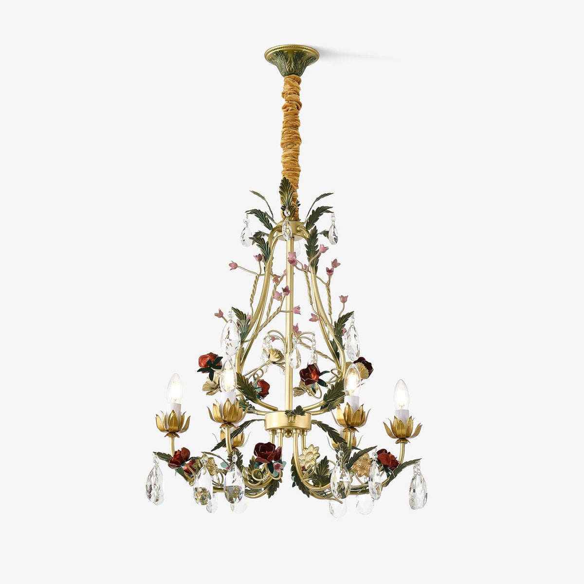 Selarella Chandelier Brass Floral Rose Crystal Candle