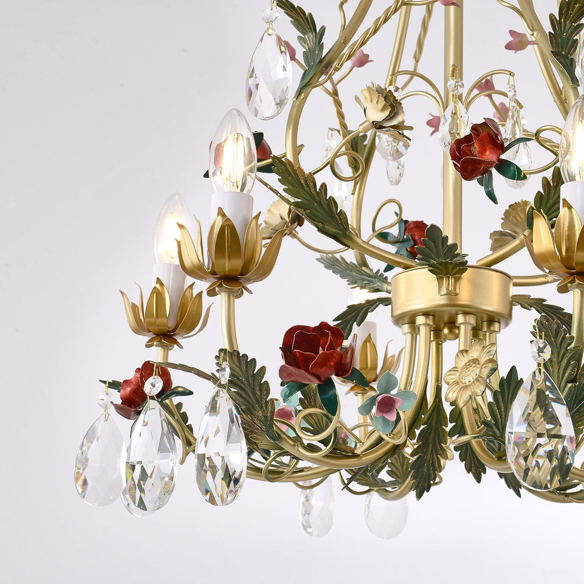 Selarella Chandelier Brass Floral Rose Crystal Candle