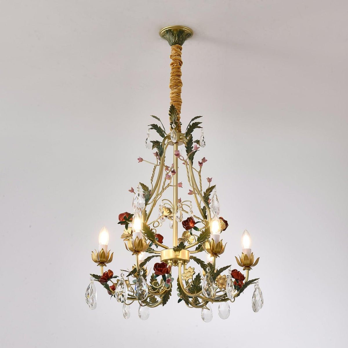 Selarella Chandelier Brass Floral Rose Crystal Candle