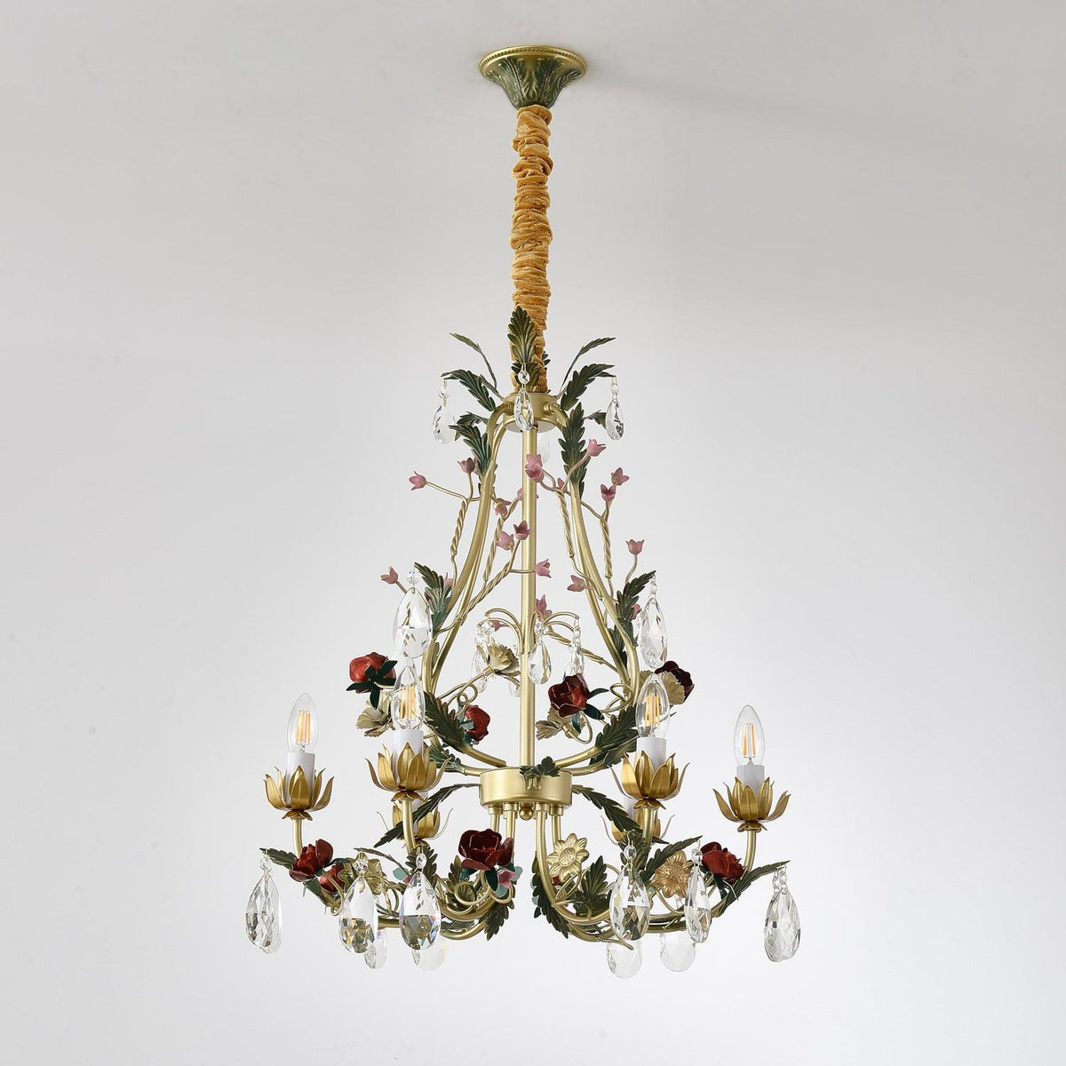 Selarella Chandelier Brass Floral Rose Crystal Candle