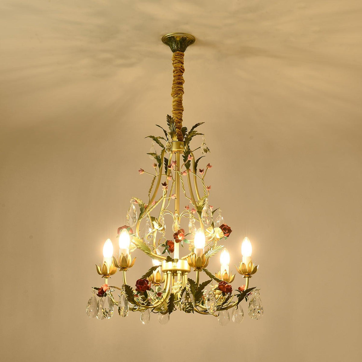 Selarella Chandelier Brass Floral Rose Crystal Candle