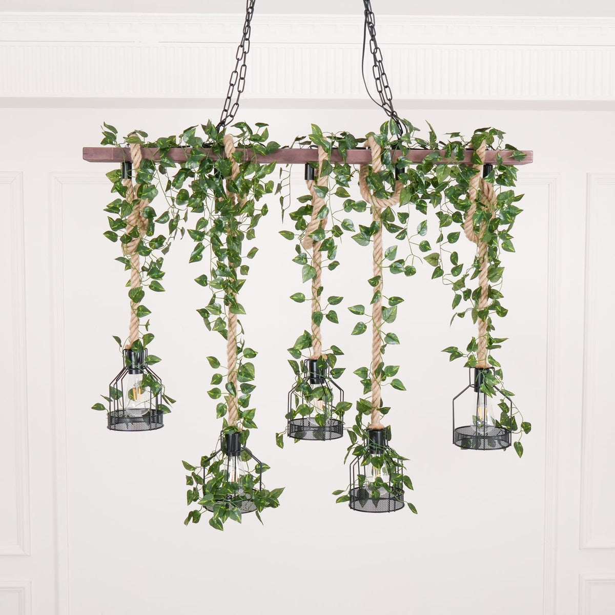 Qyron Chandelier Rustic Wooden Beam Rope Cage Cozy