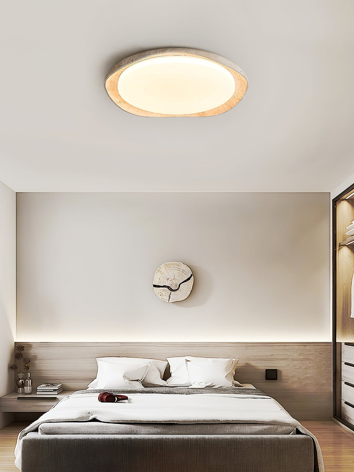 Adoros Rimmed-Circle Travertine Ceiling Light