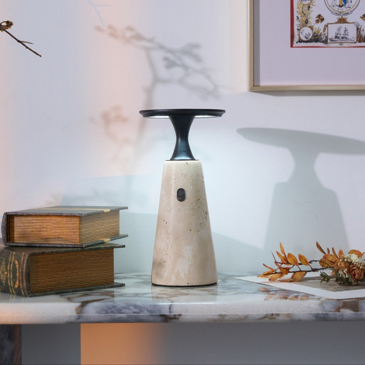 Vespera Sculptural Travertine Table Lamp