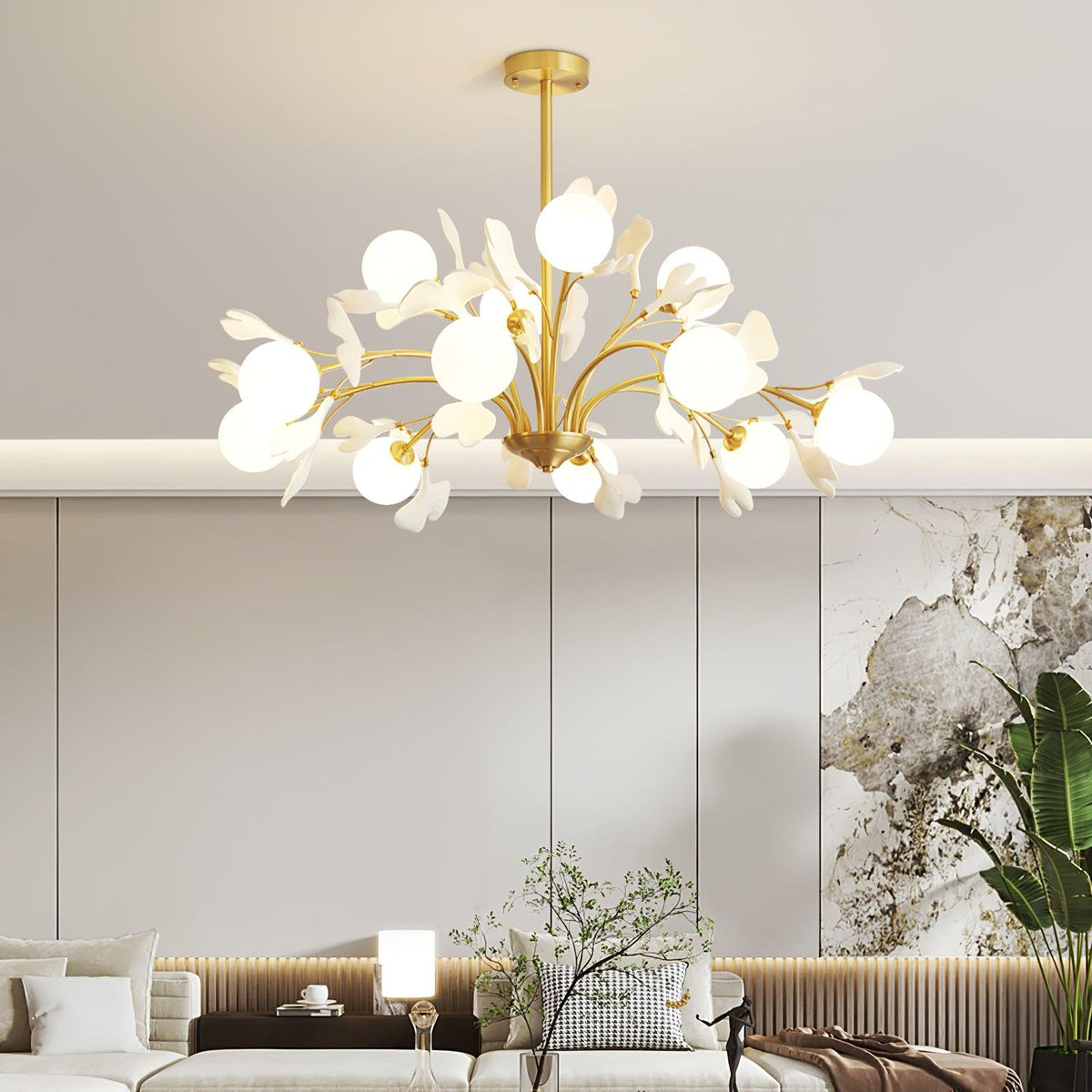 Dorvel Chandelier Ginkgo Leaf Brass Ceramic Glass