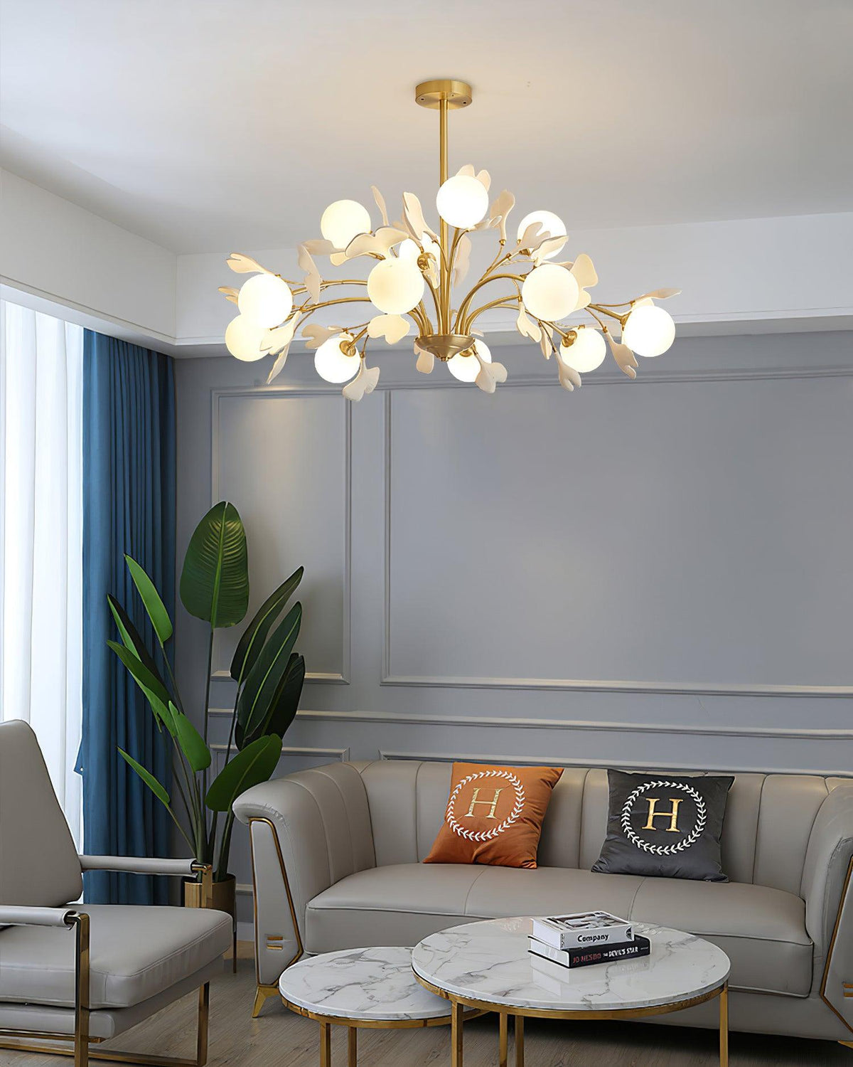 Dorvel Chandelier Ginkgo Leaf Brass Ceramic Glass