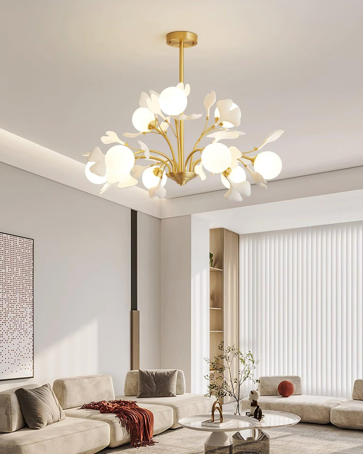 Dorvel Chandelier Ginkgo Leaf Brass Ceramic Glass
