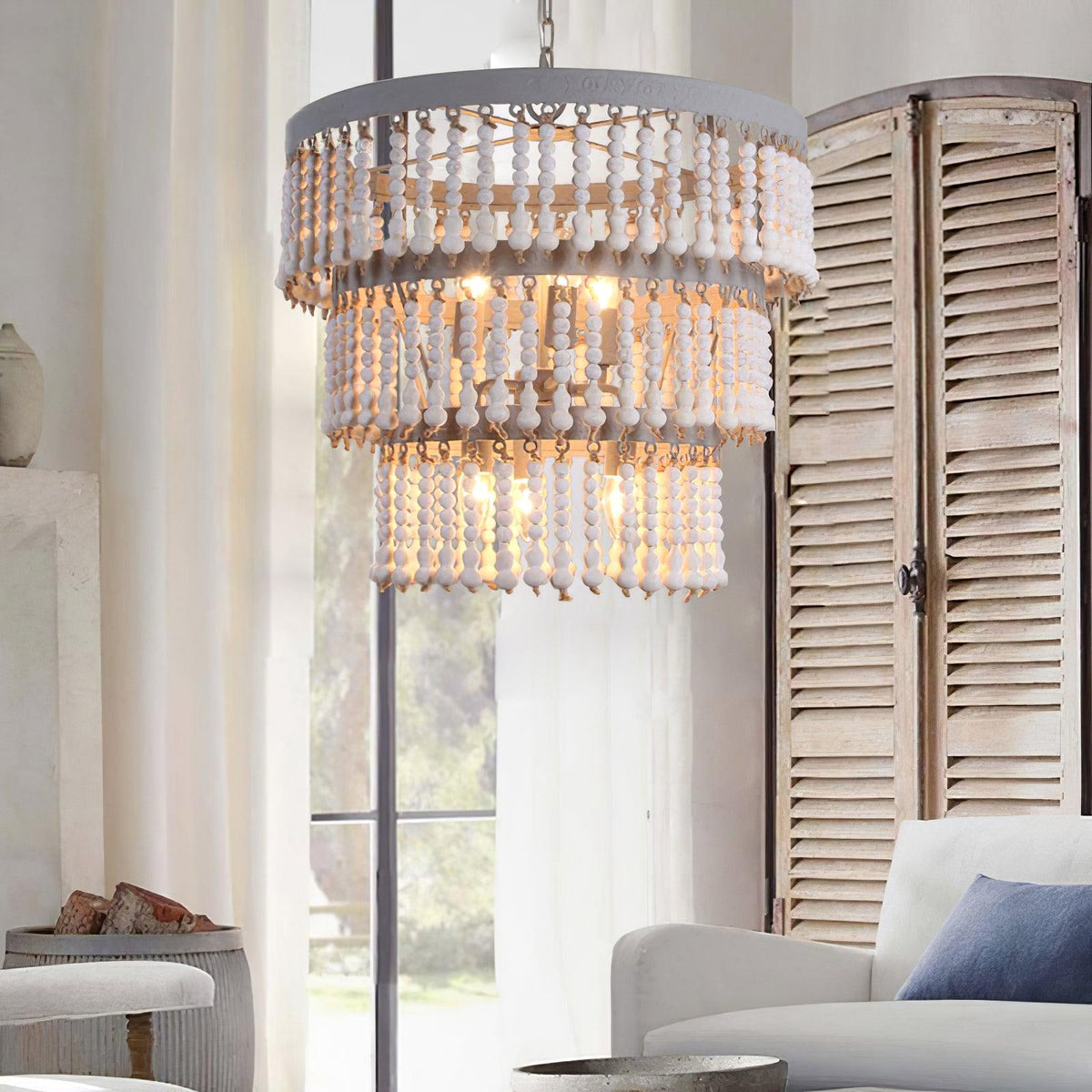 Aldaneon Chandelier Three Tiered Wood Beaded