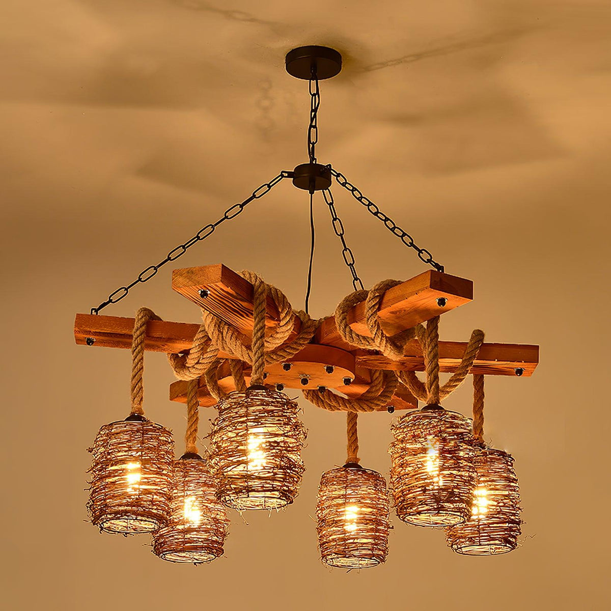 Rinoeon Chandelier Vintage Farmhouse Rattan Wooden