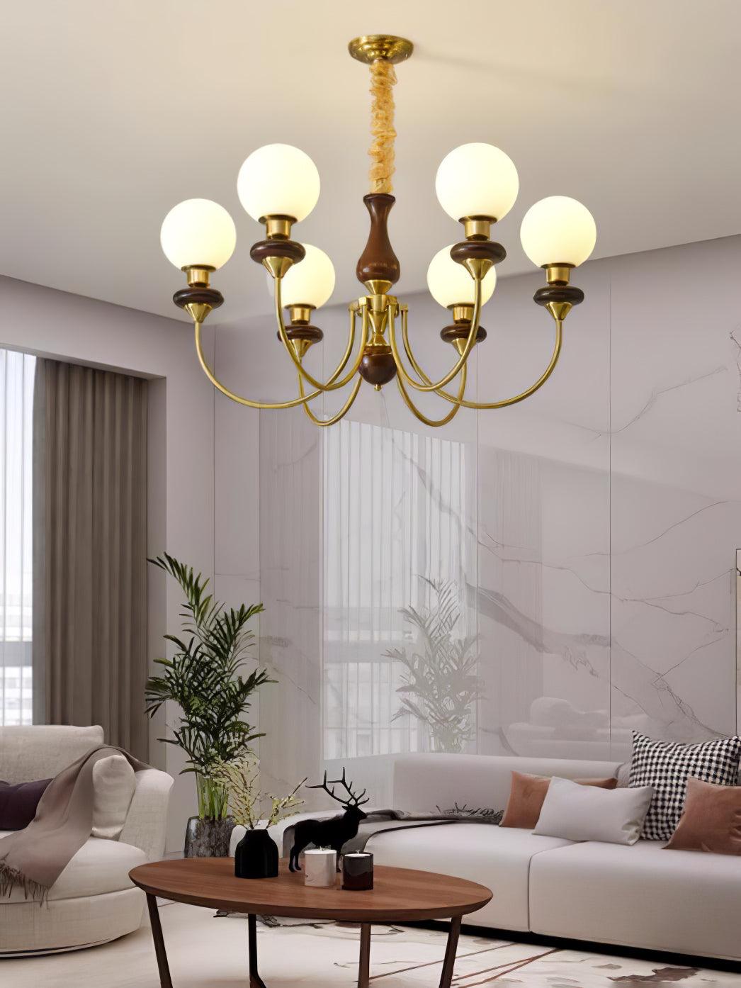 Rinoelle Chandelier Retro Brass Walnut Glass
