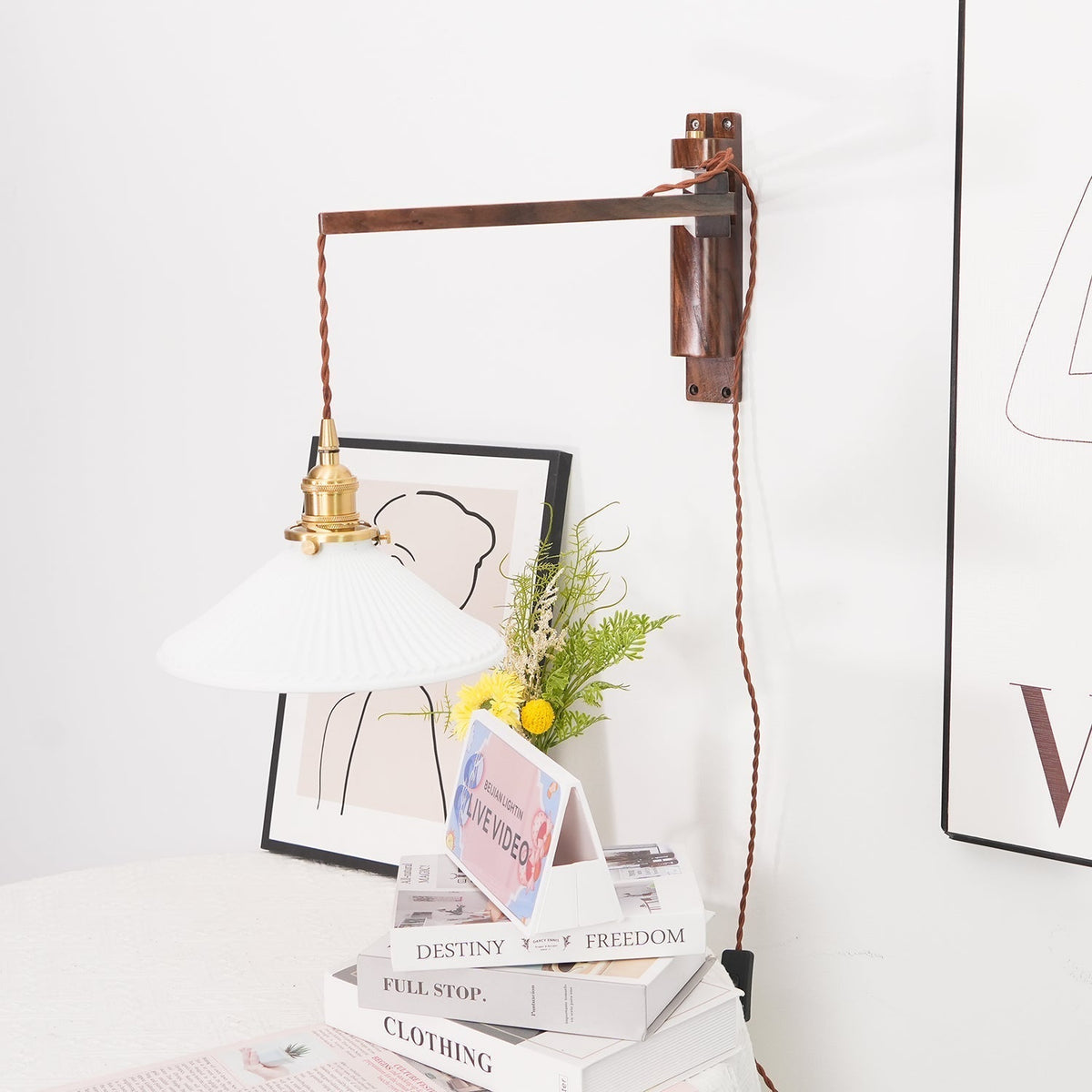 Esviel Nordic Art Swing Arm Walnut Ceramic Wall Light