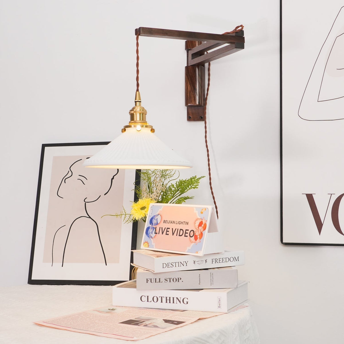Esviel Nordic Art Swing Arm Walnut Ceramic Wall Light