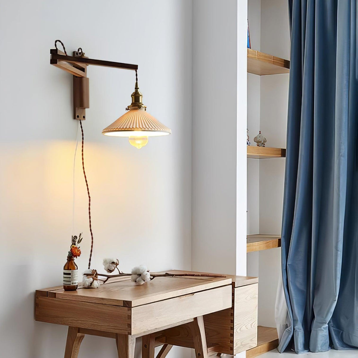 Evin Nordic Art Swing Arm Walnut Ceramic Wall Lamp