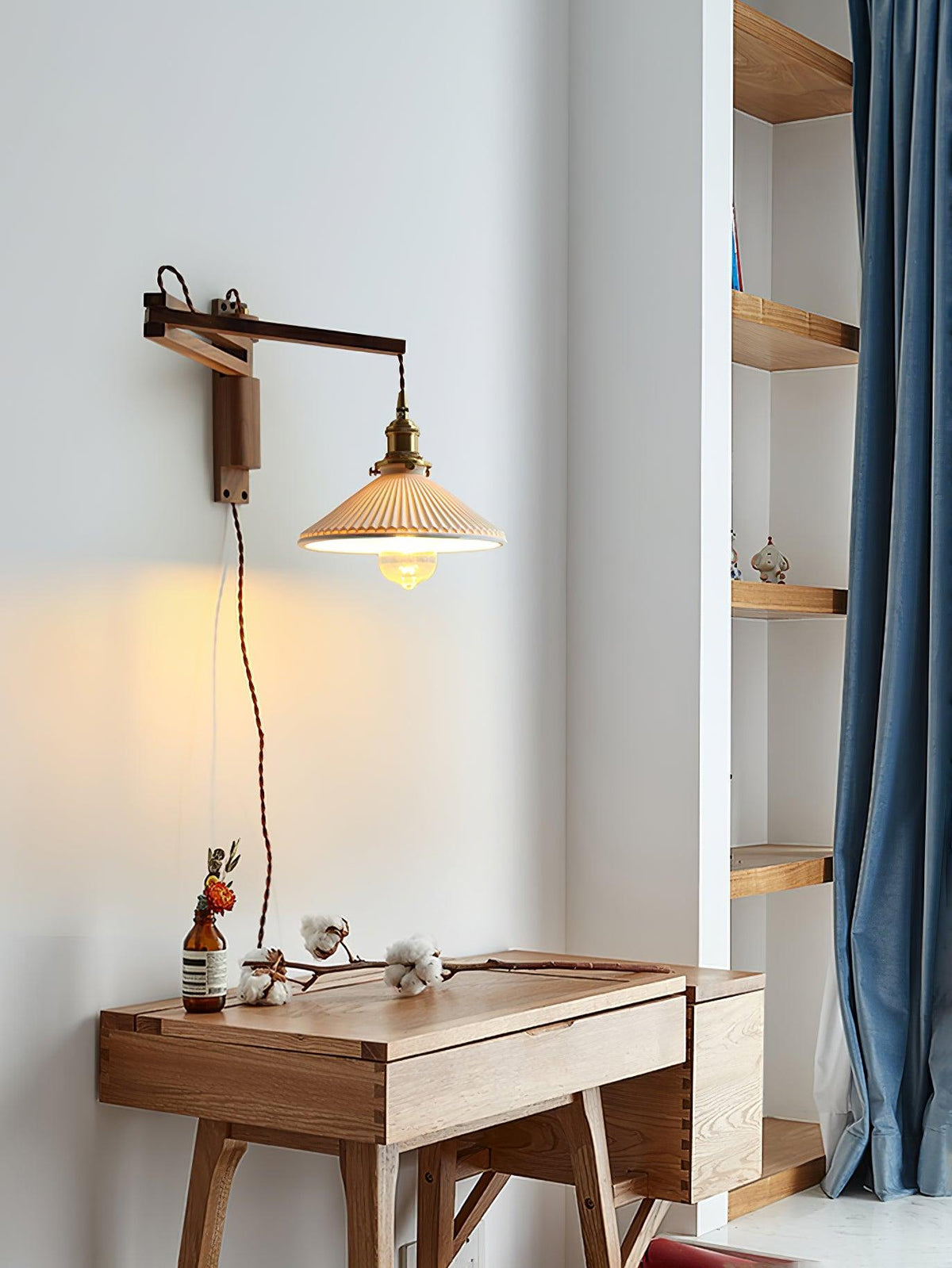 Evin Nordic Art Swing Arm Walnut Ceramic Wall Lamp