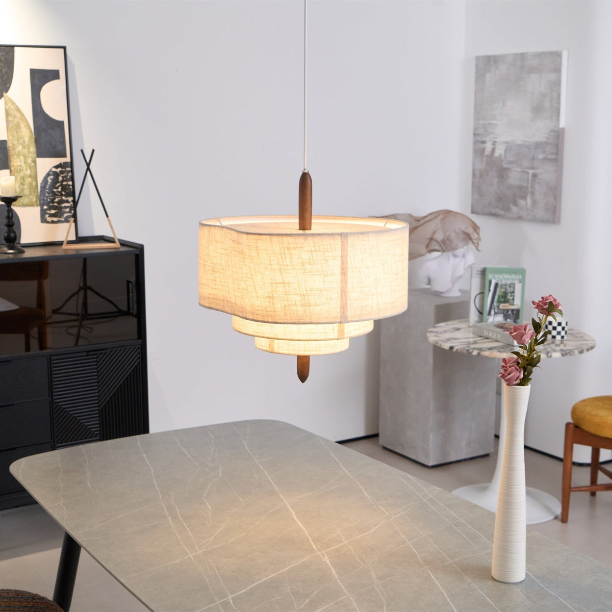 Salemu Elegance Wave Ladder Wood Fabric Pendant Lamp