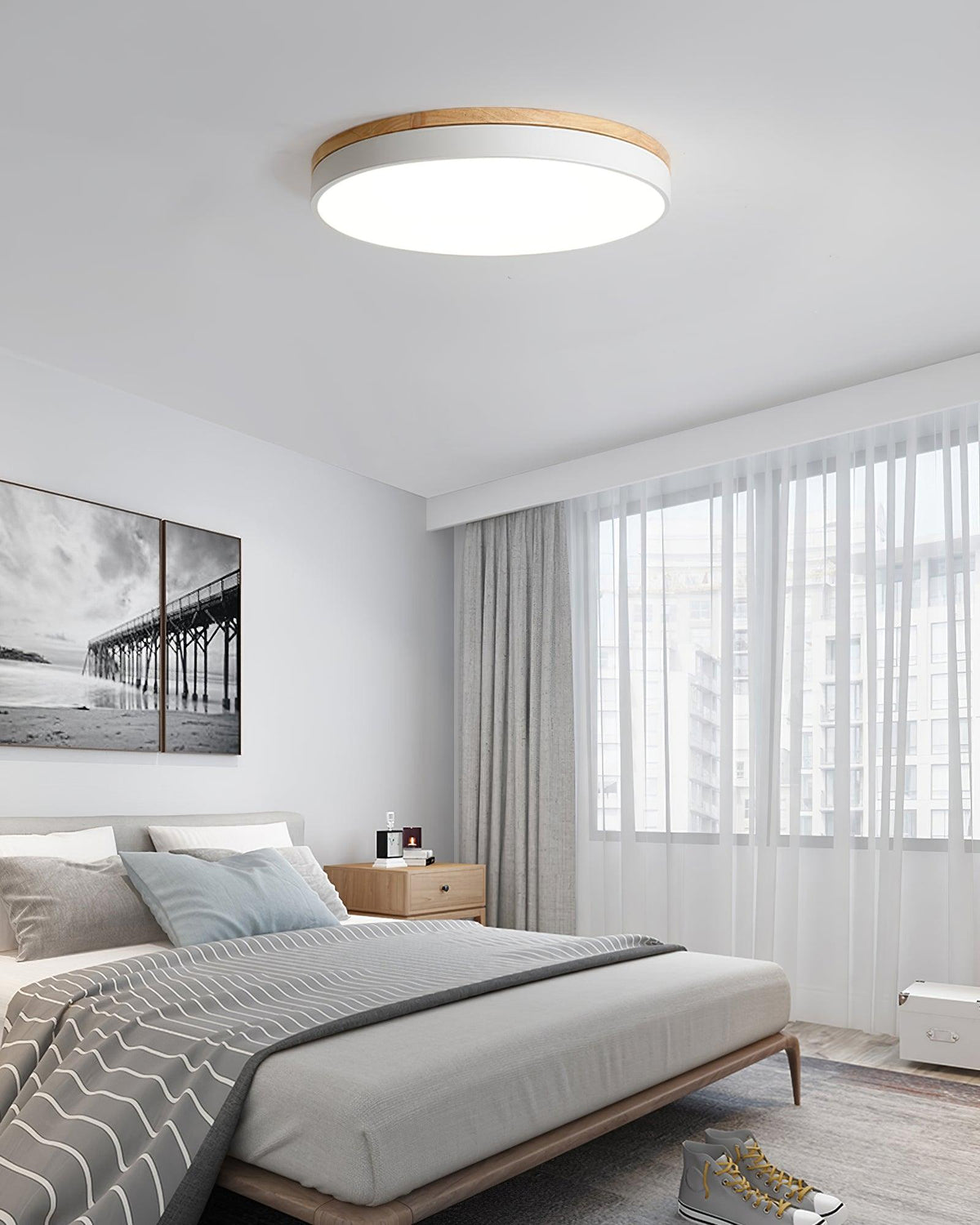 Daelis Ceiling Lamp White Round with Wooden