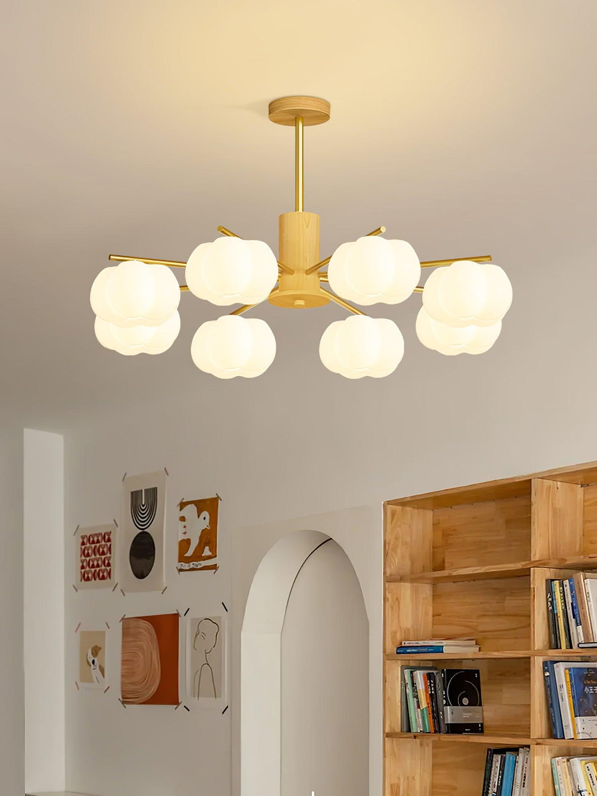 Sylanira Chandelier Wooden Cotton Balls Gold PE