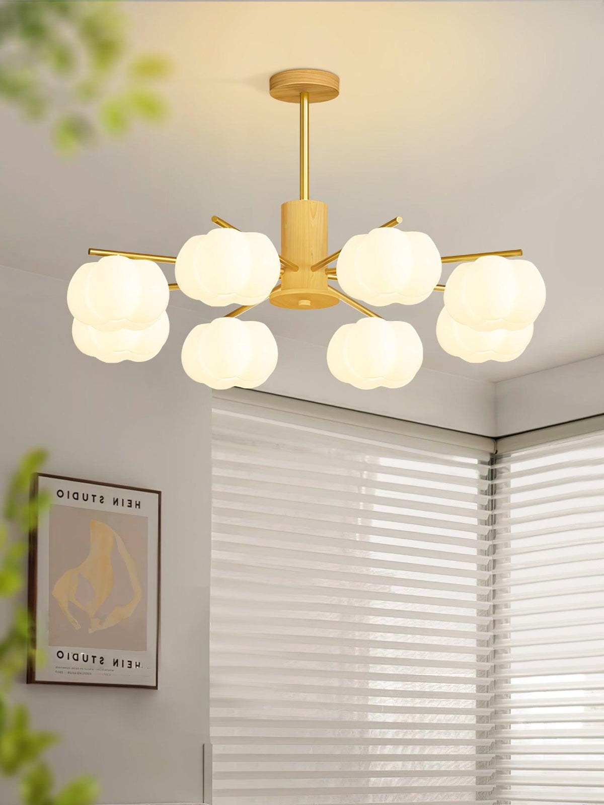 Sylanira Chandelier Wooden Cotton Balls Gold PE