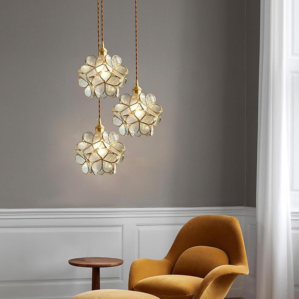 Flower Patterned Modern Glass Copper Pendant Light Kitchen Hanging Pendant Lights - Lamp Outdoor