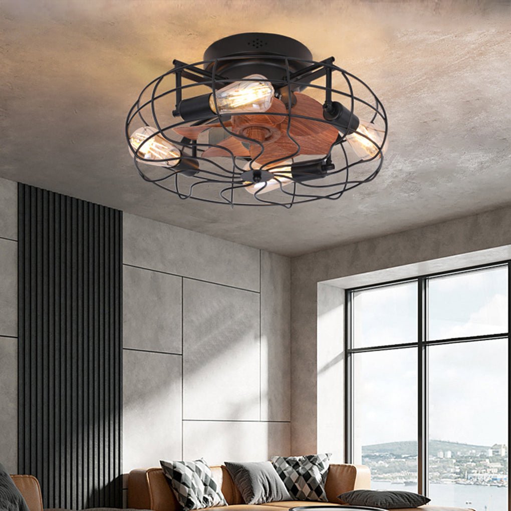Retro Cage Industrial Remote Control Timing Three Speed Regulation Ceiling Fan Lamp - Lamp Outdoor